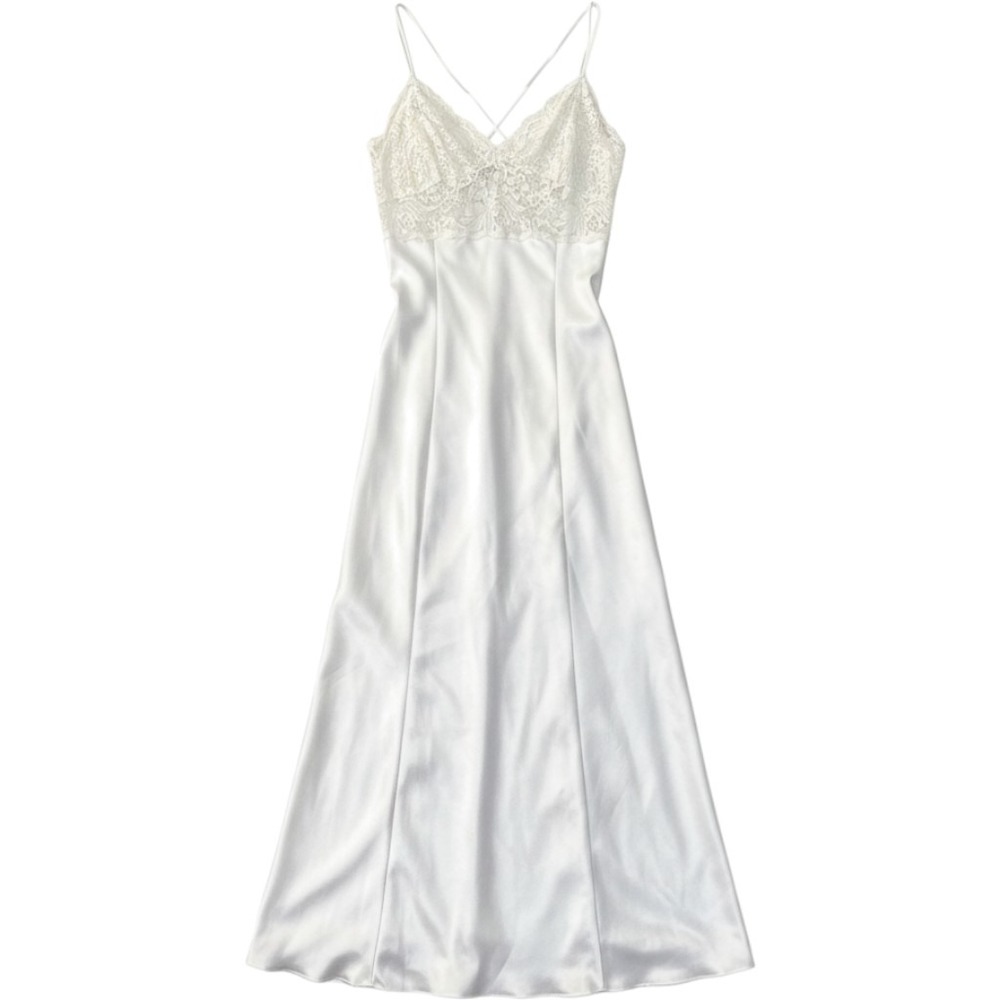 Vintage Victorias Secret Satin Lace Maxi Slip Dress S White Tie Back Slit Angel